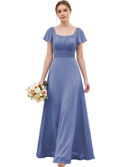 Square Neck Chiffon Bridesmaid Dress with Flutter Sleeves and Lace-Up Back