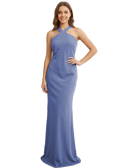 High Neck Halter Bridesmaid Dress with Sleek Column Silhouette
