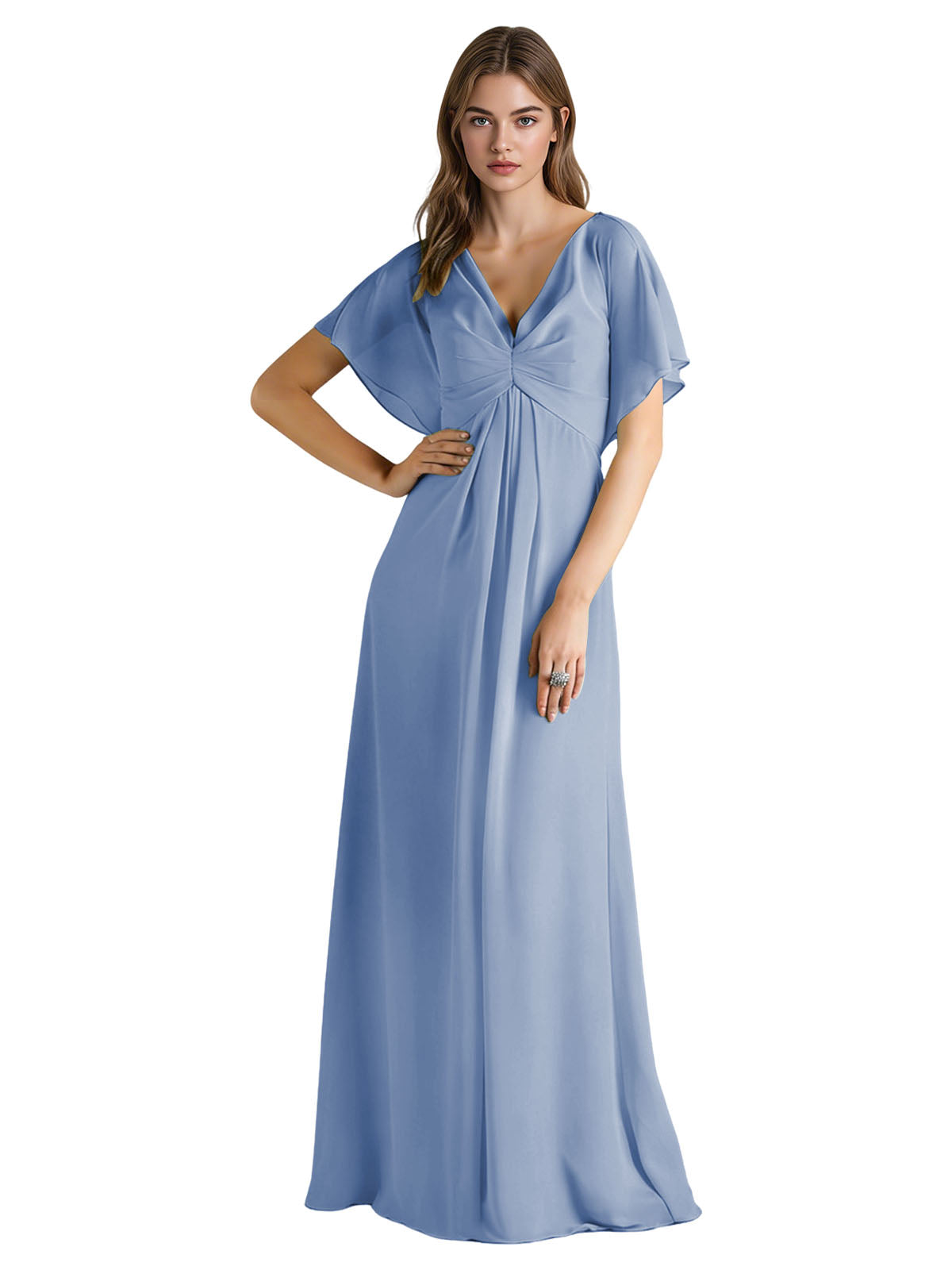 Short Sleeve V-Neck Chiffon Bridesmaid Dress with Gathered Waist
