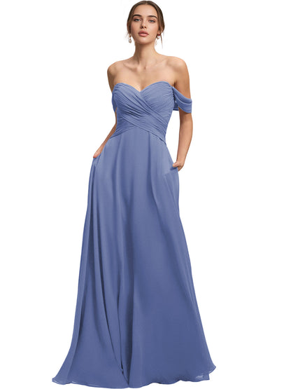 Off Shoulder Chiffon Bridesmaid Dress with Draped Bodice and A-Line Dress
