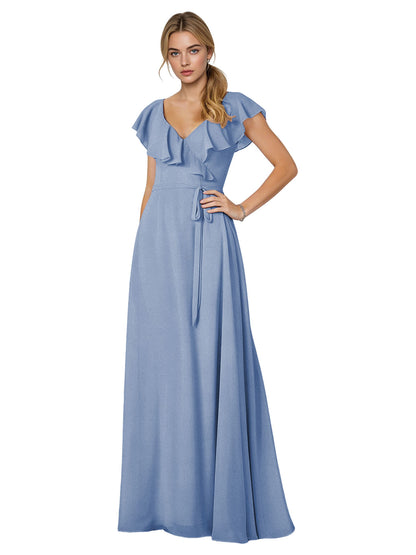 Tie Neck Chiffon Bridesmaid Dress with Flutter Sleeves