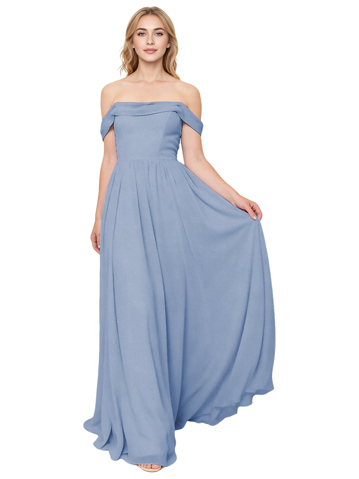 Off Shoulder Pleated Chiffon Bridesmaid Dress with Flowing A-Line Dress