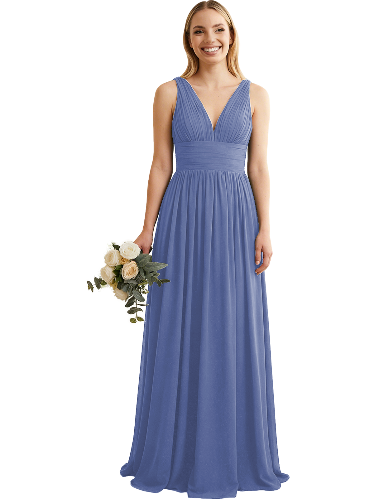 Deep V-Neck Chiffon Bridesmaid Dress with Pleated Waist