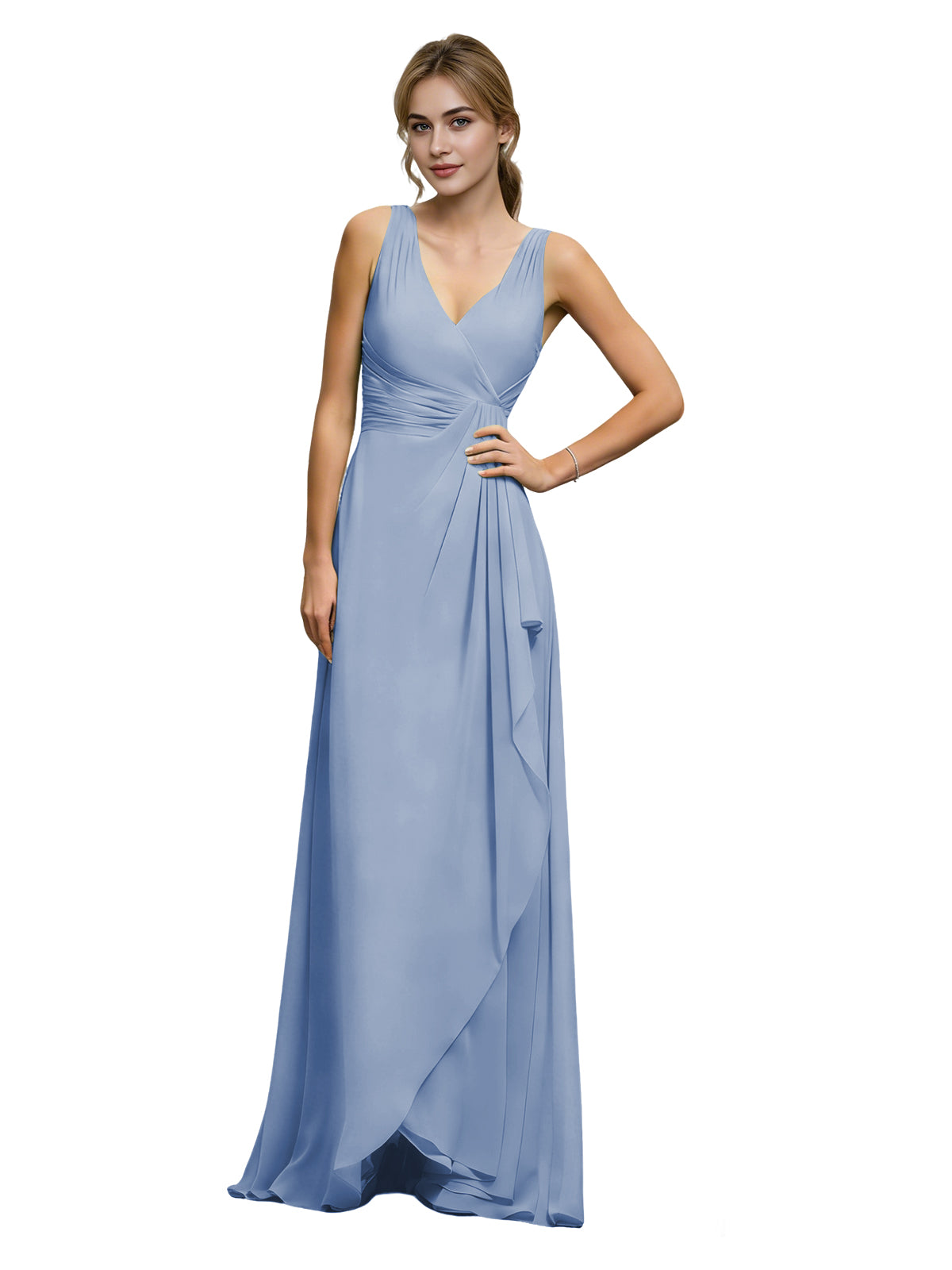 Halter V-Neck Chiffon Bridesmaid Dress with Draped Sash Waist