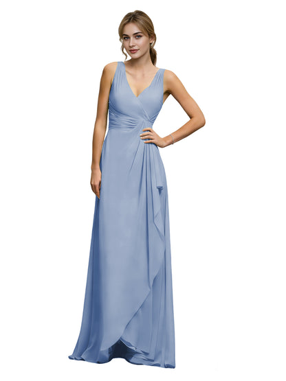 Halter V-Neck Chiffon Bridesmaid Dress with Draped Sash Waist
