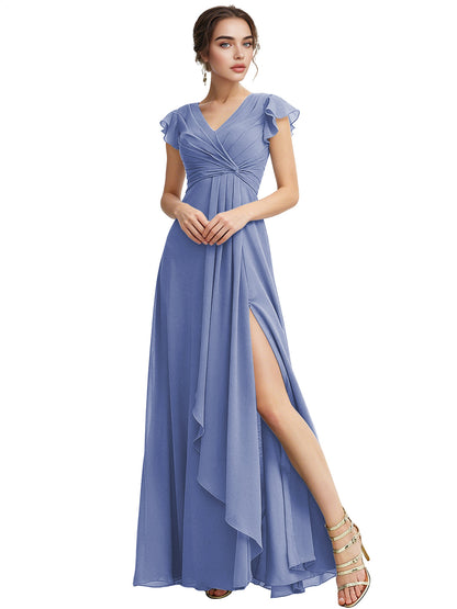 Cap Sleeve Chiffon Bridesmaid Dress with Ruffle V-Neck and Slit