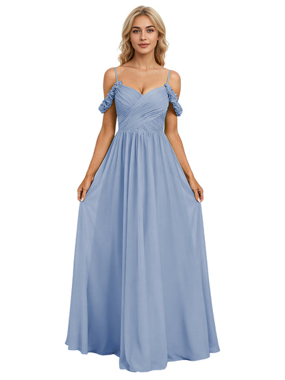 Off Shoulder Lace Applique Bridesmaid Dress with Flowing Chiffon dress