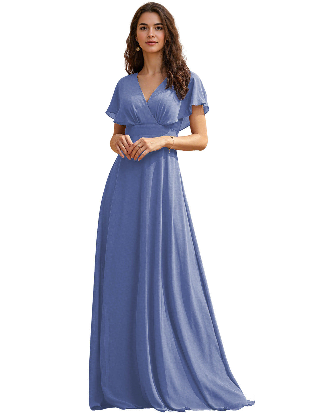 Flutter Sleeve V-Neck Chiffon Bridesmaid Dress with Flowing dress