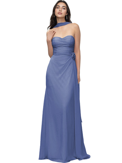Strapless Chiffon Bridesmaid Dress with Wrapped Bodice and Slit Dress