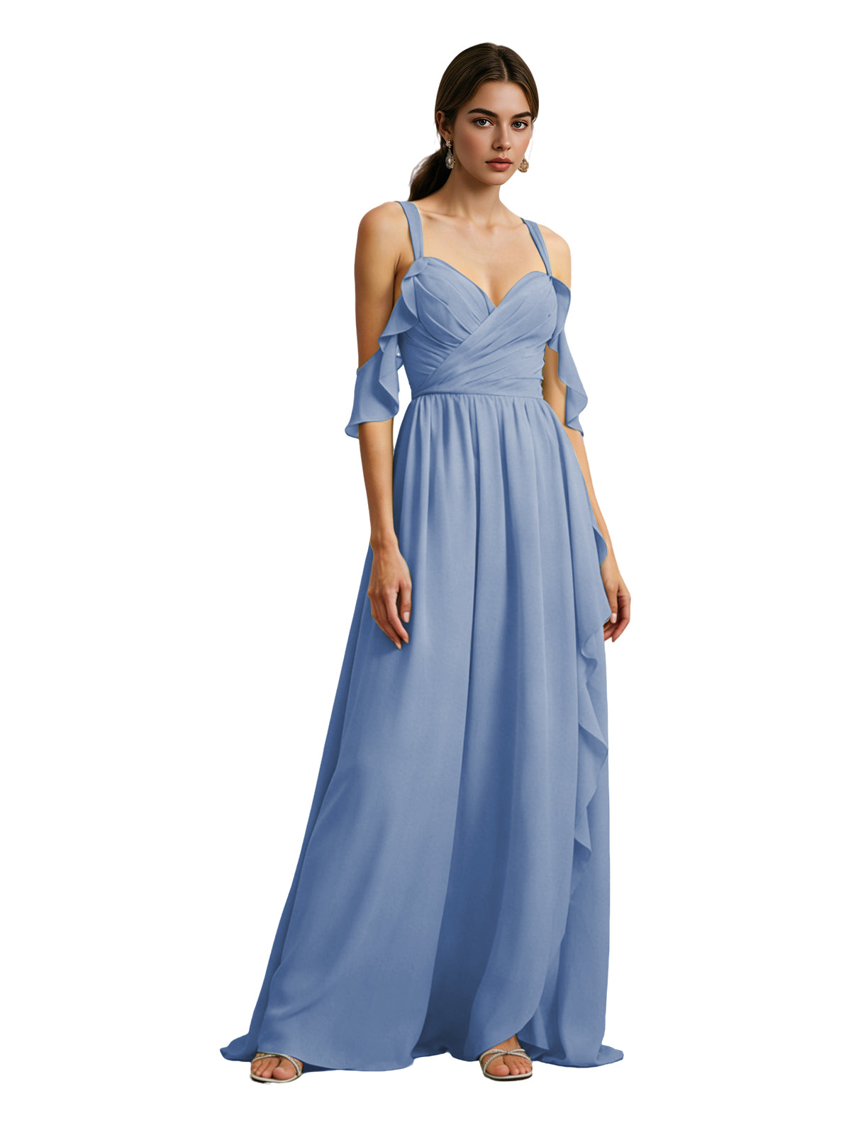 Cold Shoulder Chiffon Bridesmaid Dress with Draped V-Neck Bodice