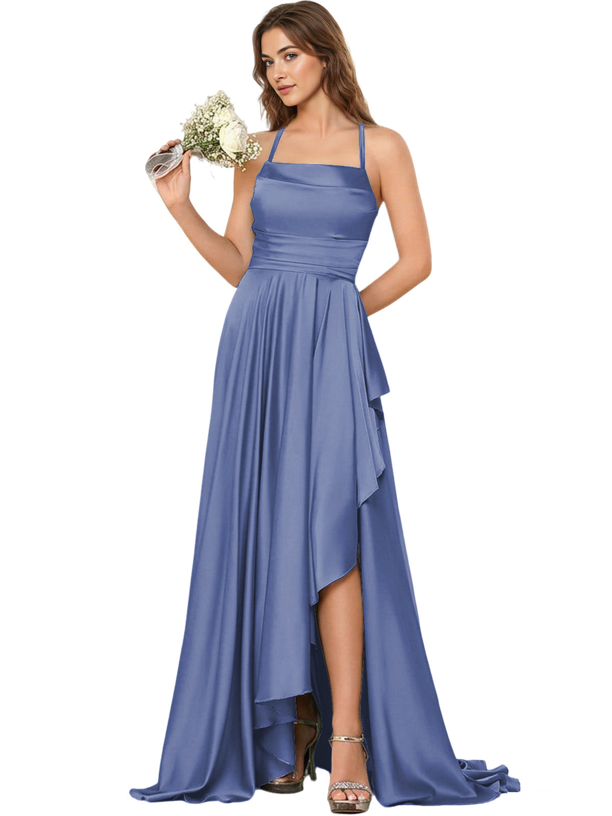 Open Back Halter Bridesmaid Dress with High Low Overlay dress