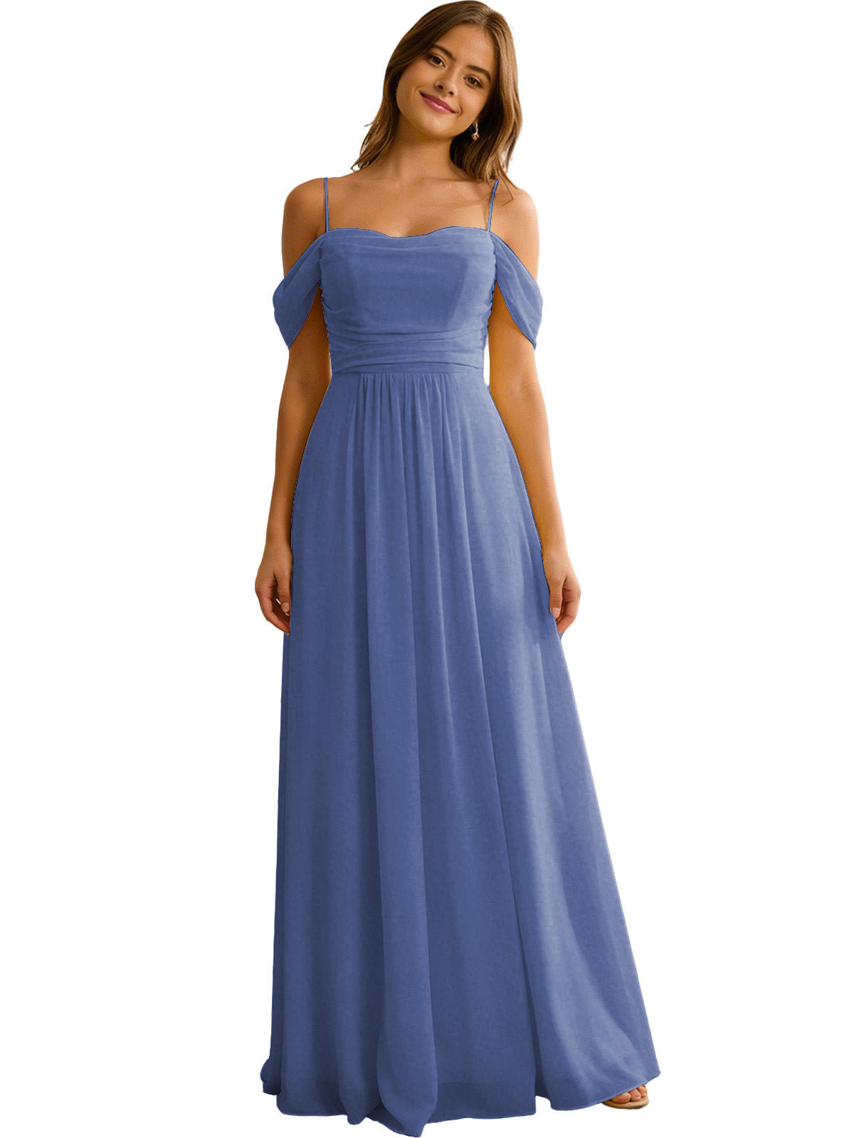 Off Shoulder Chiffon Bridesmaid Dress with Soft Pleated Bodice