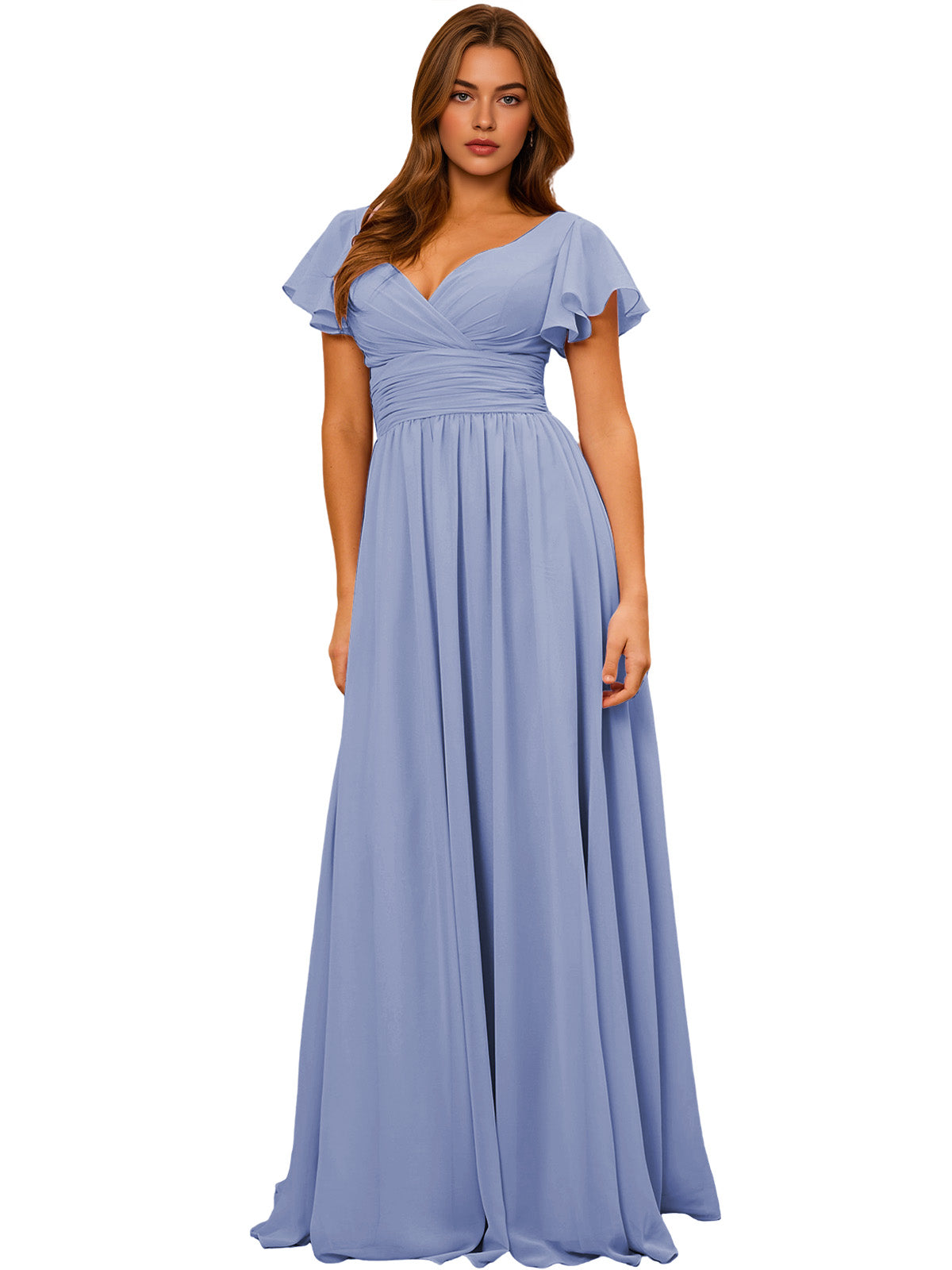 V-Neck Flutter Sleeve Chiffon Bridesmaid Dress with Empire Waist