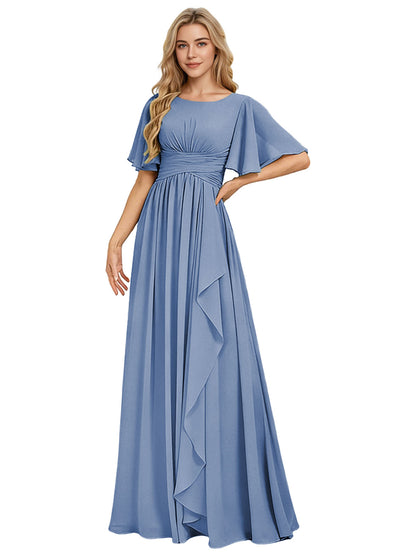 Flutter Sleeve Chiffon Bridesmaid Dress with Tiered Front Ruffle