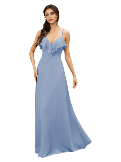 Ruffle V-Neck Chiffon Bridesmaid Dress with Spaghetti Straps