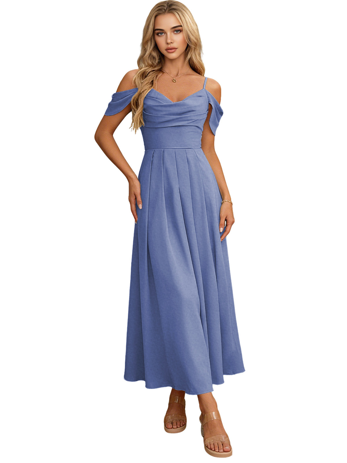 Off Shoulder Midi Bridesmaid Dress with Pleated Bodice and Flowing dress