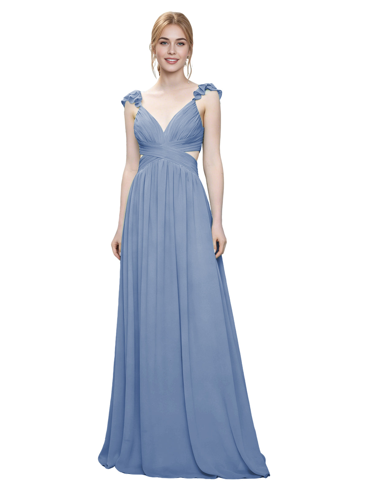 Ruffle Strap V-Neck Tulle Bridesmaid Dress with Pleated Waist