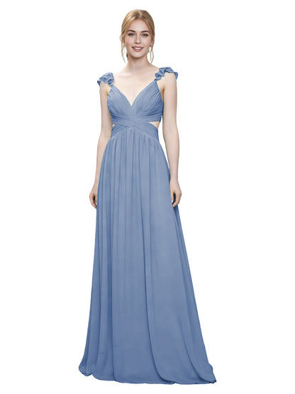 Ruffle Strap V-Neck Tulle Bridesmaid Dress with Pleated Waist
