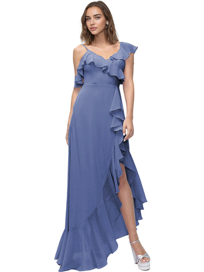 Asymmetrical Ruffle Chiffon Bridesmaid Dress with High Low Slit