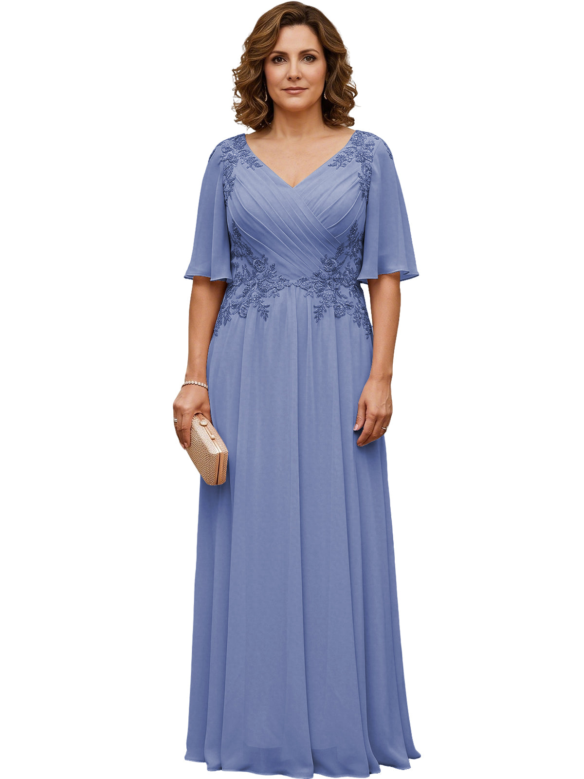 Mother of the Bride Dress Long Chiffon A-Line Gown with Flutter Sleeves and Beaded Lace