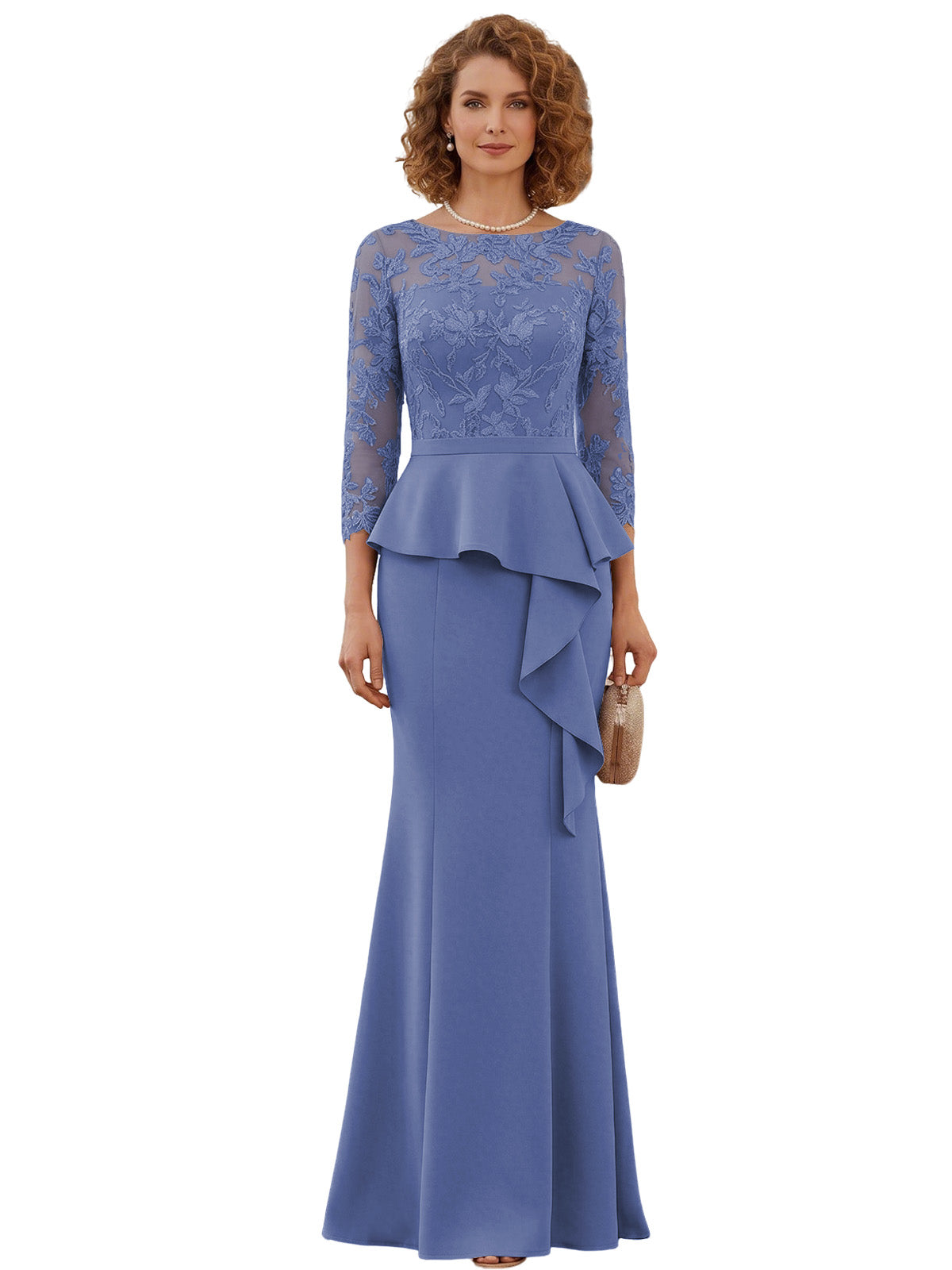 Long Mother of the Bride Dress Lace Illusion Bodice Peplum Mermaid Formal Evening Gown