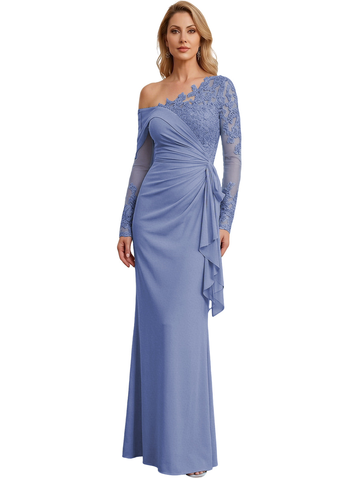 One Shoulder Mother of the Bride Gown Long Lace Sleeve Mermaid Dress with Draped Ruffle