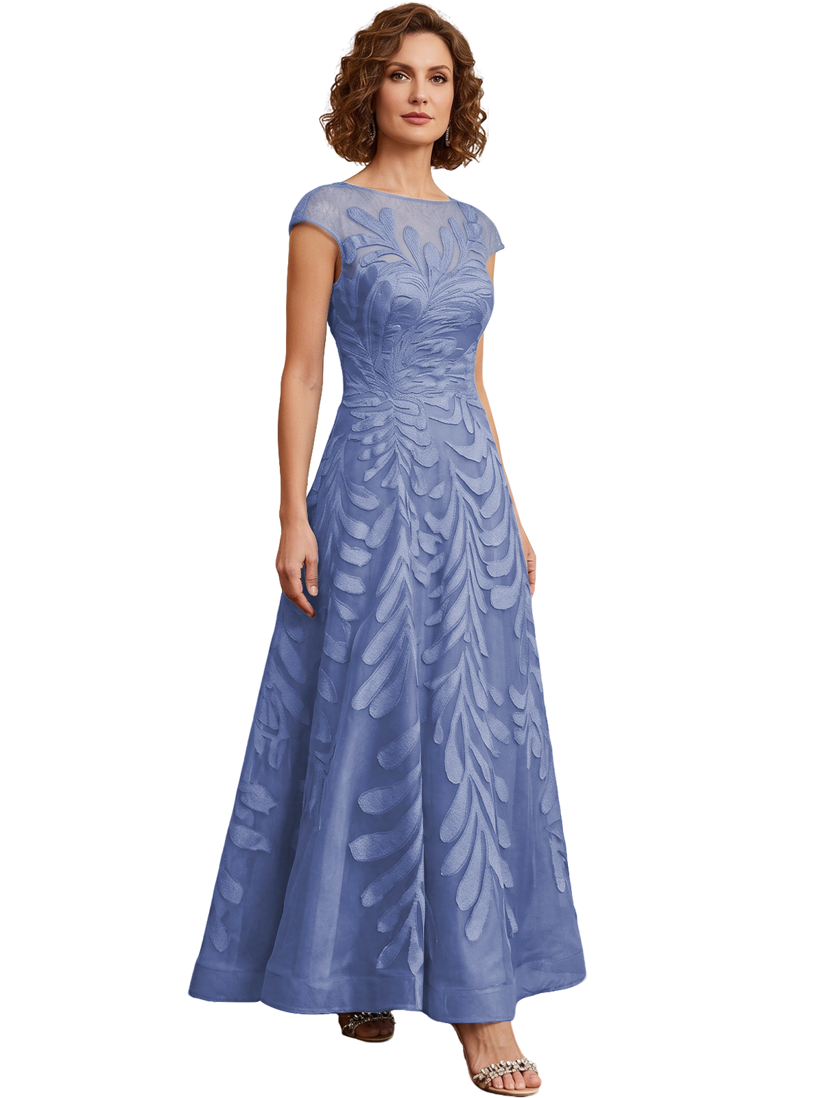 Embroidered Tulle Mother of the Bride Dress Long A-Line Gown with Illusion Cap Sleeves