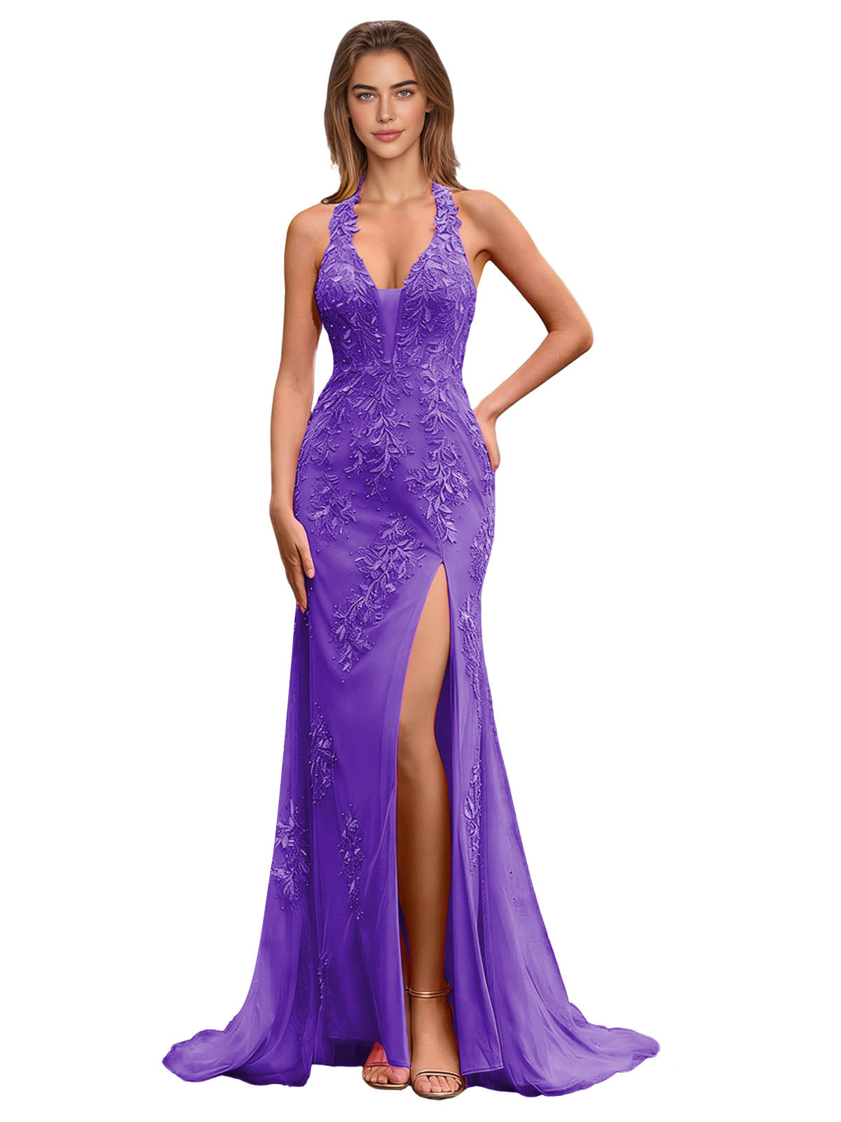 Halter Lace Mermaid Prom Dress with Applique Bodice and Thigh Slit