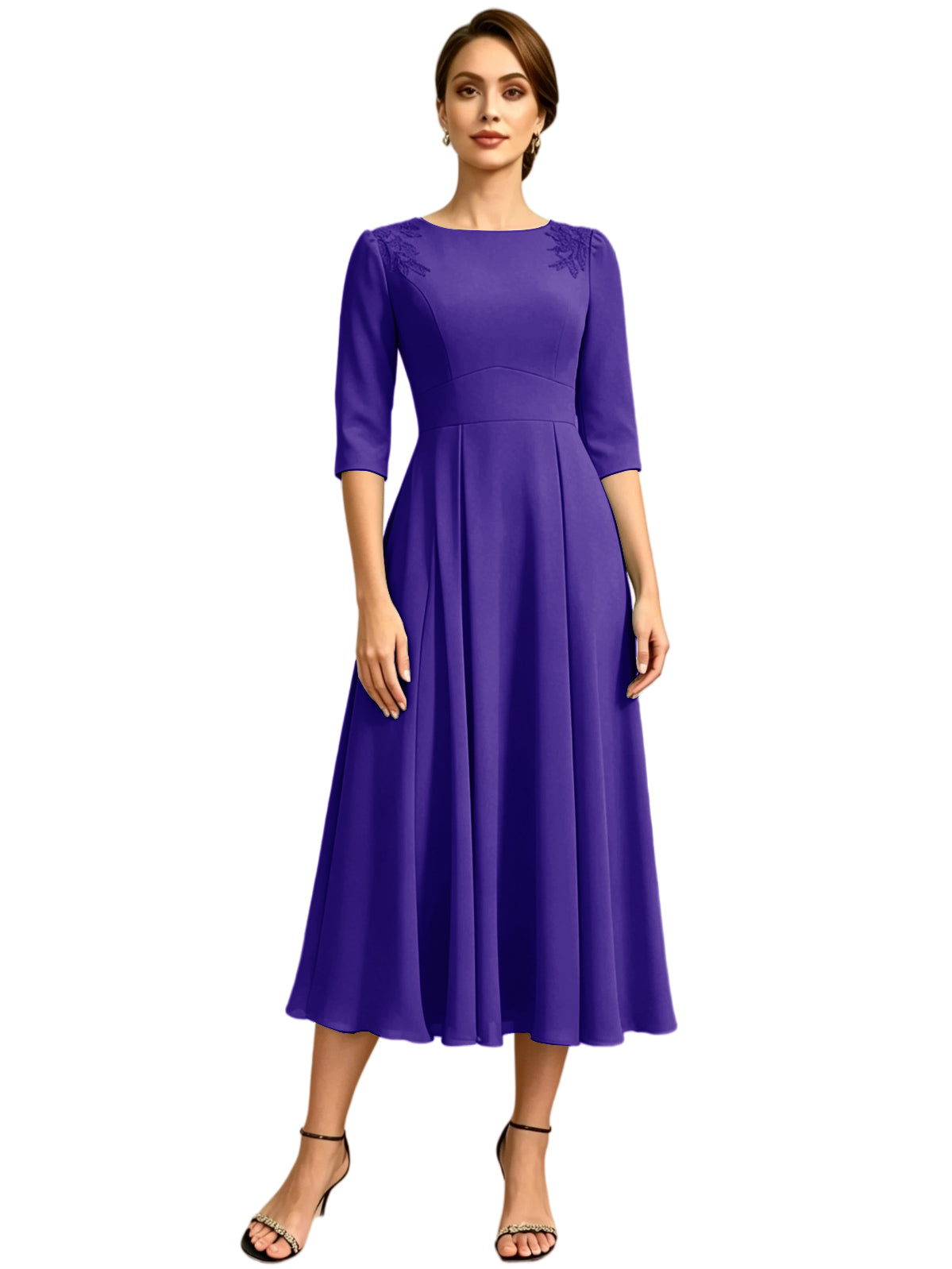 Tea Length Mother of the Bride Dress Jewel Neck Chiffon A-Line Formal Gown with Embroidery
