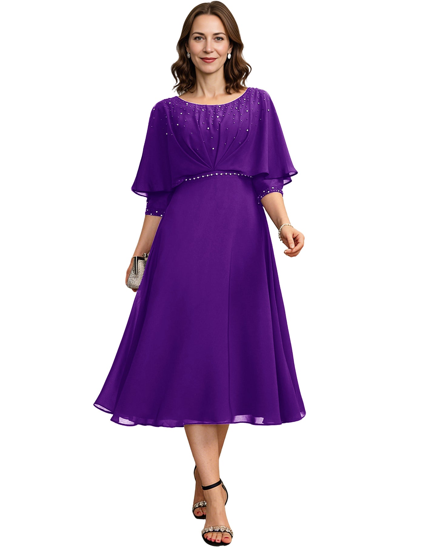 Beaded Cape Mother of the Bride Dress Tea Length Chiffon A-Line Formal Guest Gown
