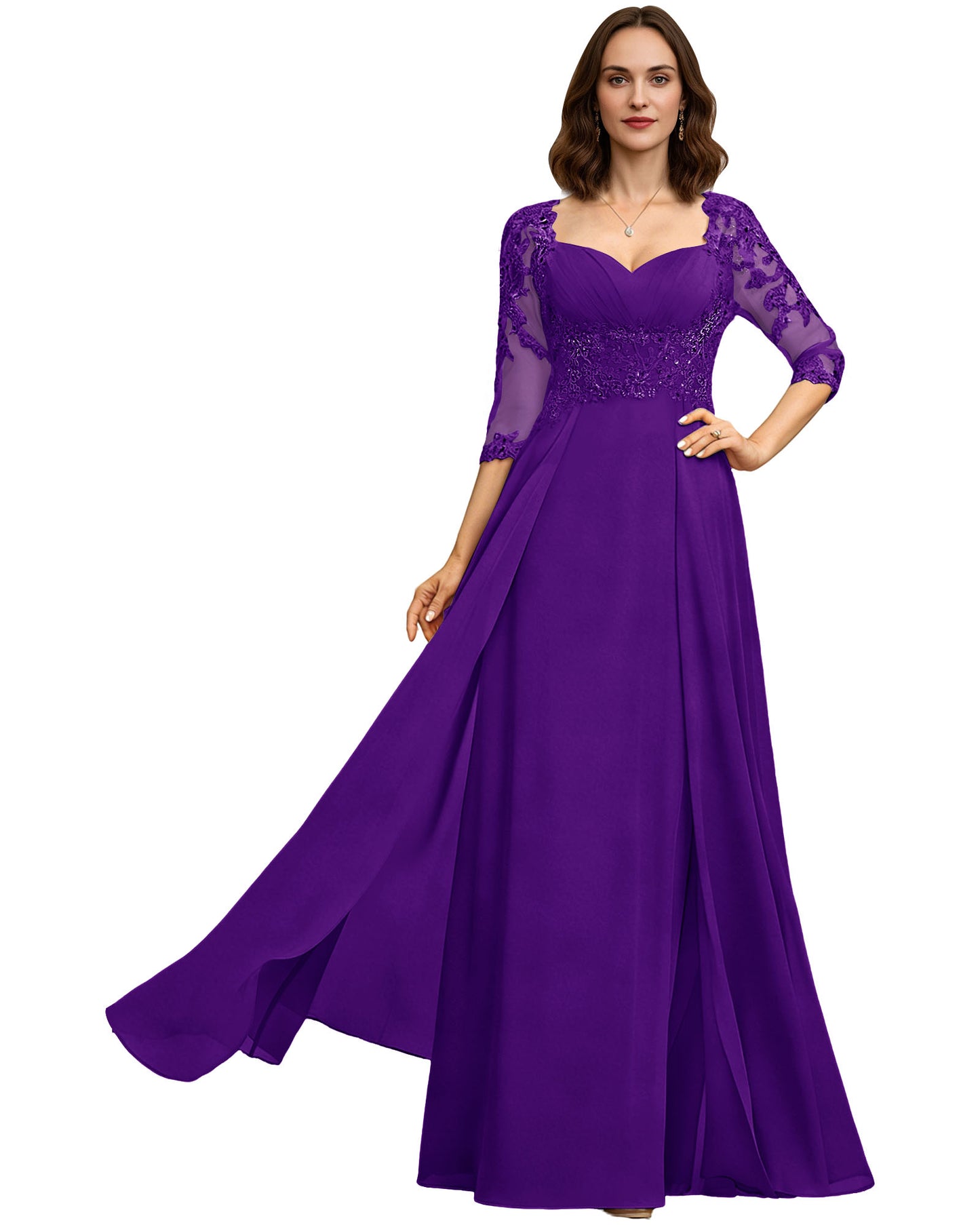 Long Sweetheart Mother of the Bride Dress Lace 3/4 Sleeve Chiffon A-Line Gown