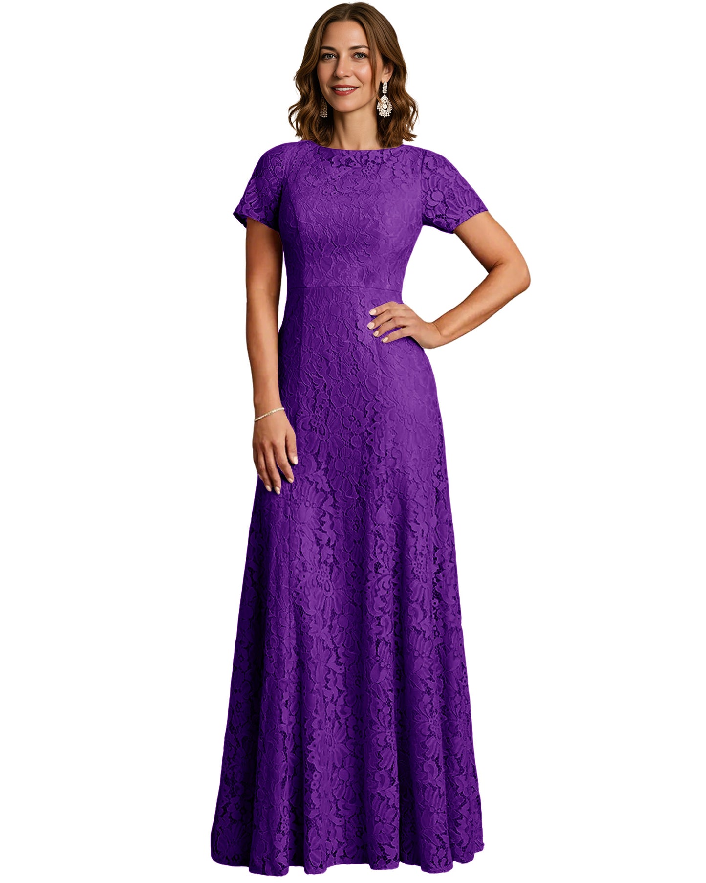 Long Lace Mother of the Bride Dress Short Sleeve Mermaid Gown with Crew Neckline