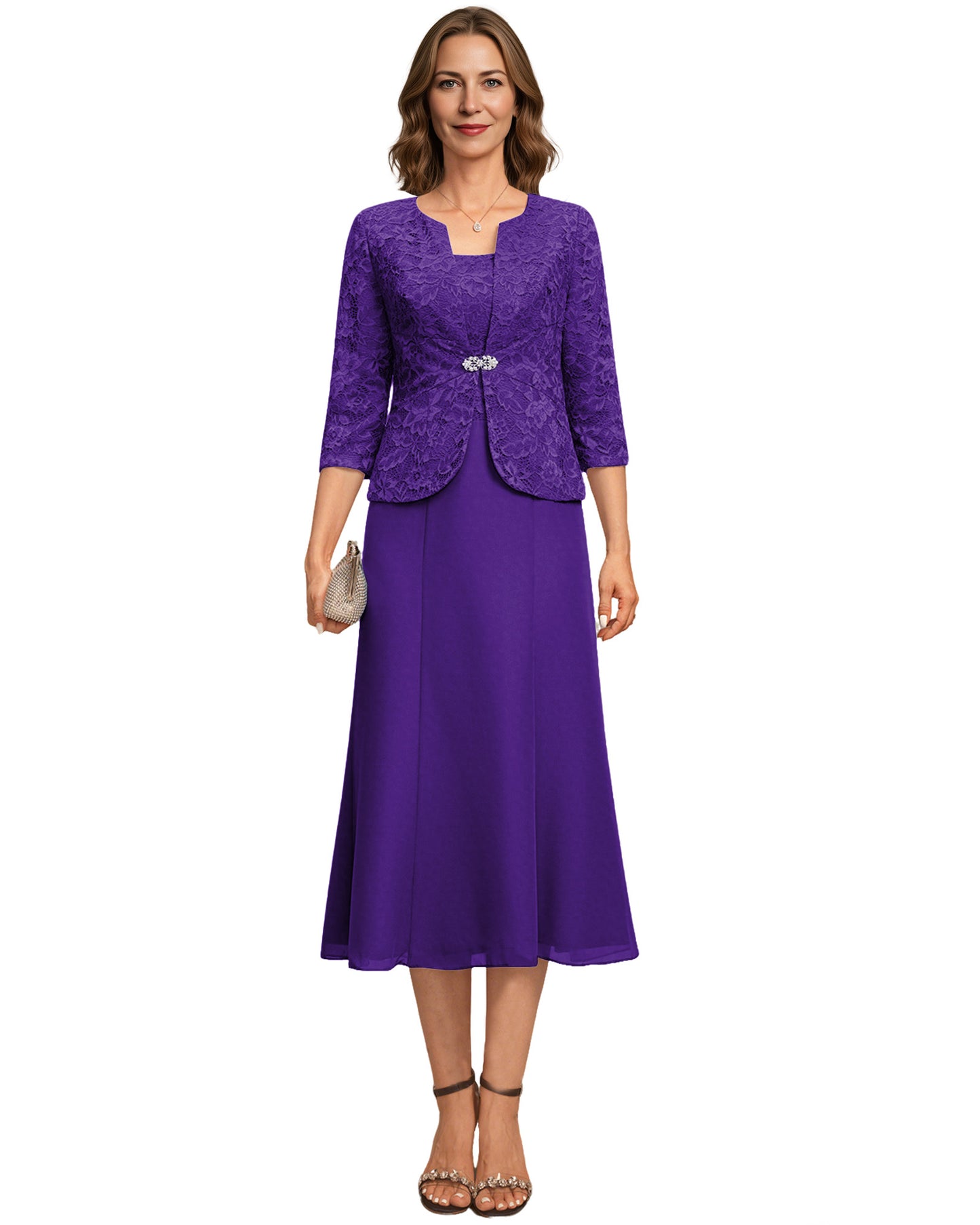Tea Length Mother of the Bride Dress Lace Jacket Chiffon A-Line Wedding Guest Outfit