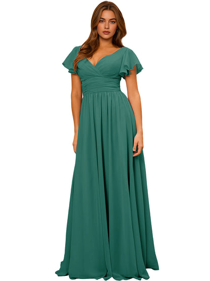 V-Neck Flutter Sleeve Chiffon Bridesmaid Dress with Empire Waist