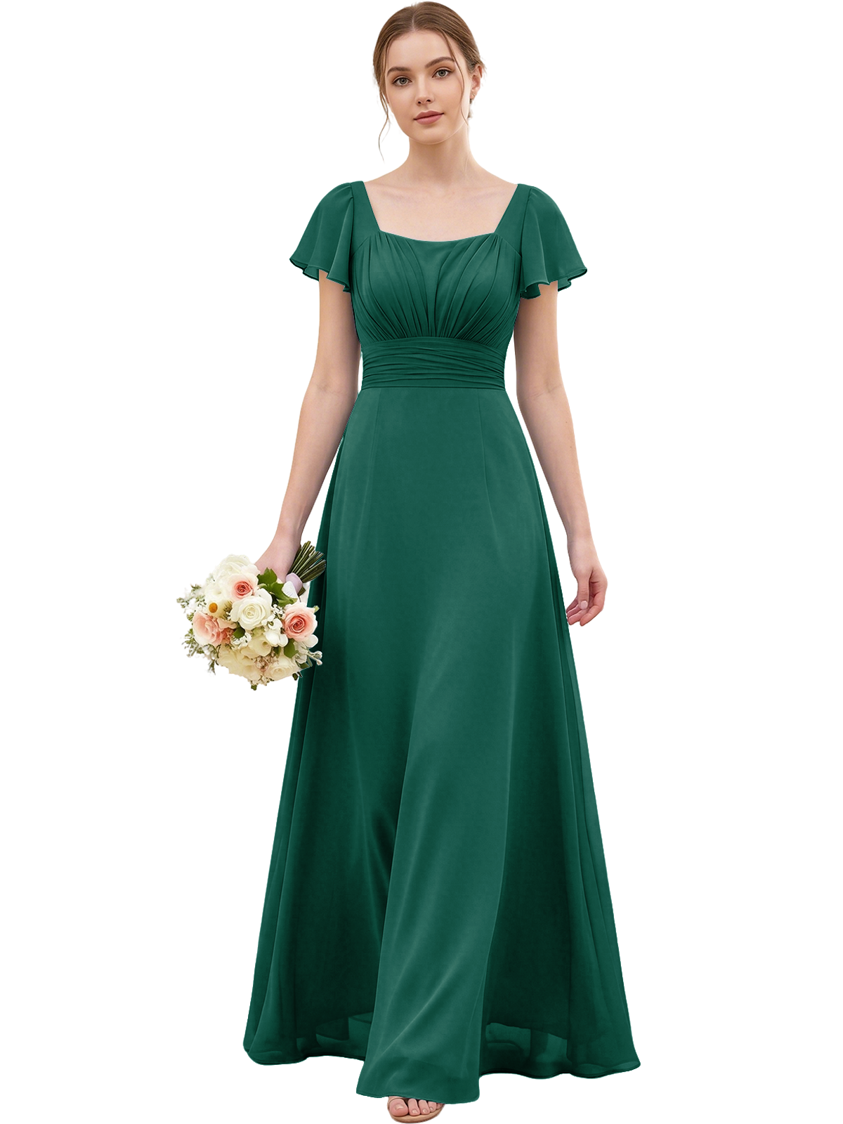 Square Neck Chiffon Bridesmaid Dress with Flutter Sleeves and Lace-Up Back