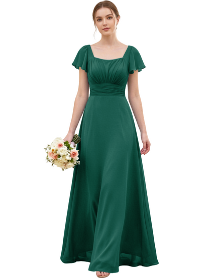 Square Neck Chiffon Bridesmaid Dress with Flutter Sleeves and Lace-Up Back