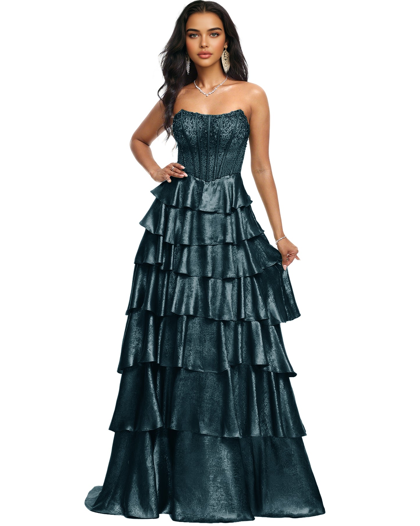 Strapless Tiered Sequin A-Line Prom Dress with Ruffle Layers