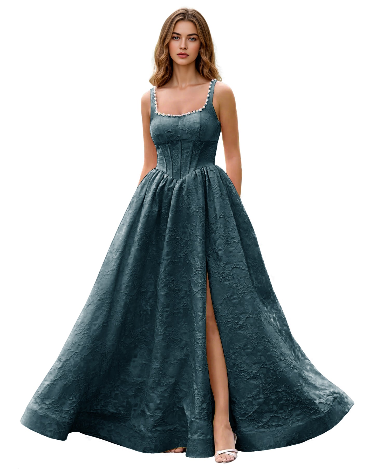 Square Neck Jacquard Ball Gown Prom Dress with Wide Straps and Pockets