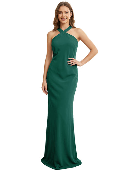 High Neck Halter Bridesmaid Dress with Sleek Column Silhouette