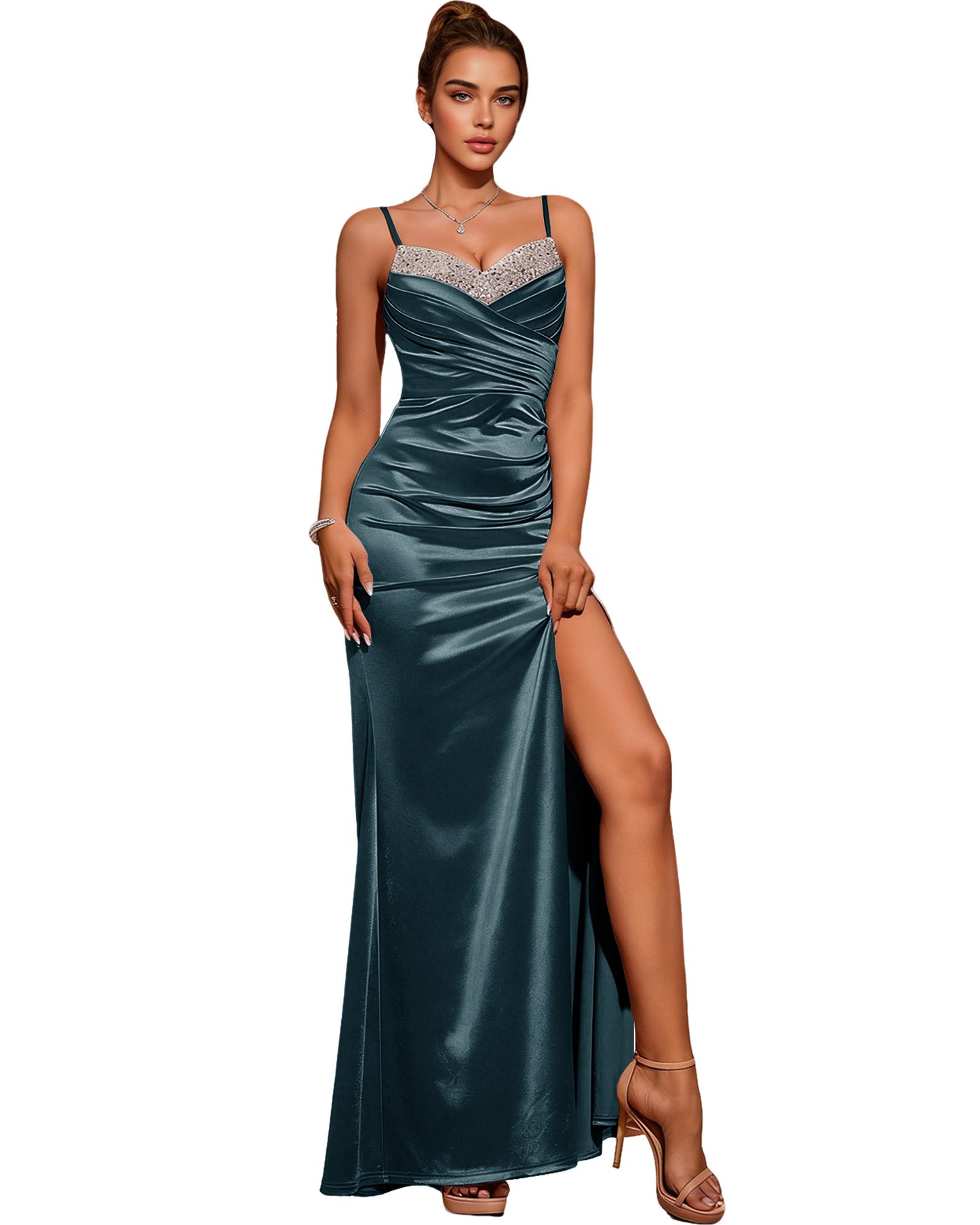 Strapless Pleated Satin Column Prom Dress with Draped Bodice and Slit