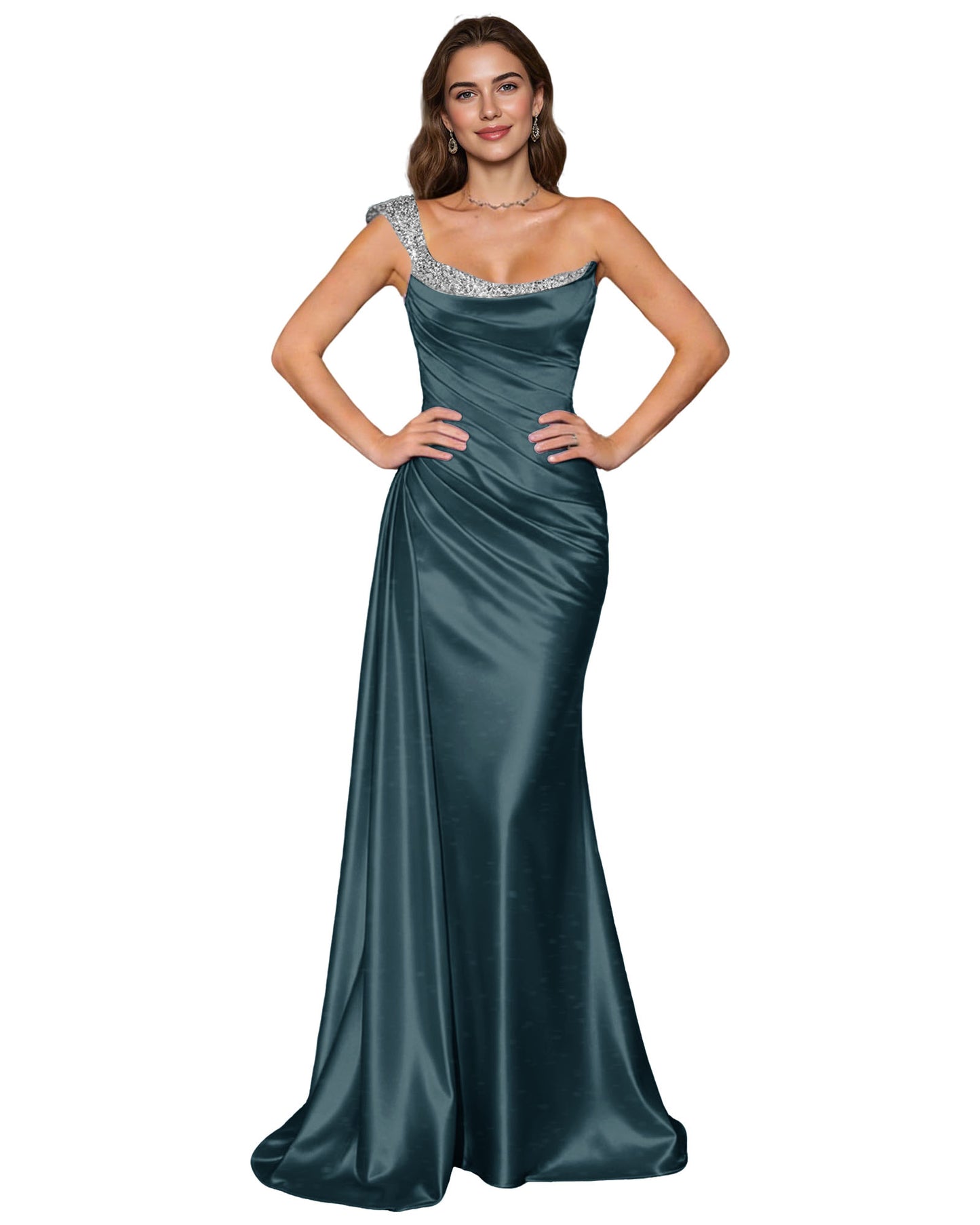 Spaghetti Strap Satin Mermaid Prom Dress with Draped Cowl Neck