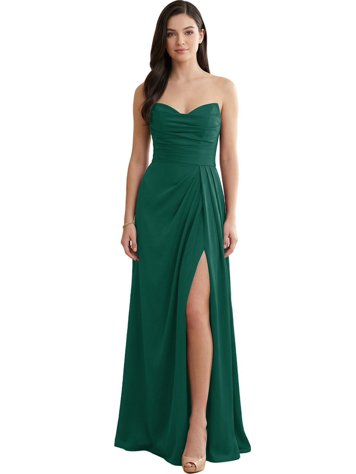 Strapless Pleated Satin Bridesmaid Dress with Side Slit