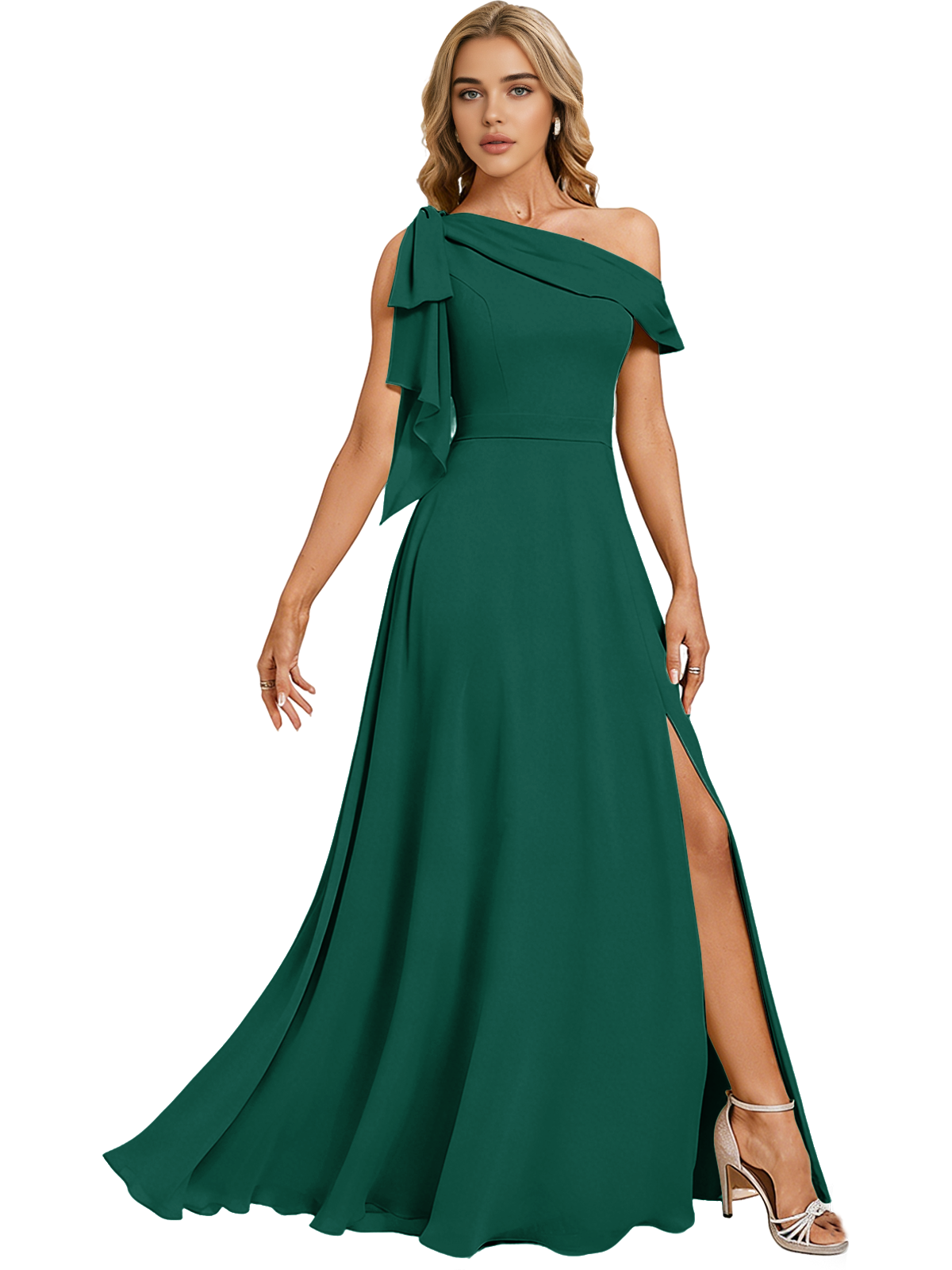 Asymmetric Off Shoulder Bridesmaid Dress with Draped Sleeve and Slit