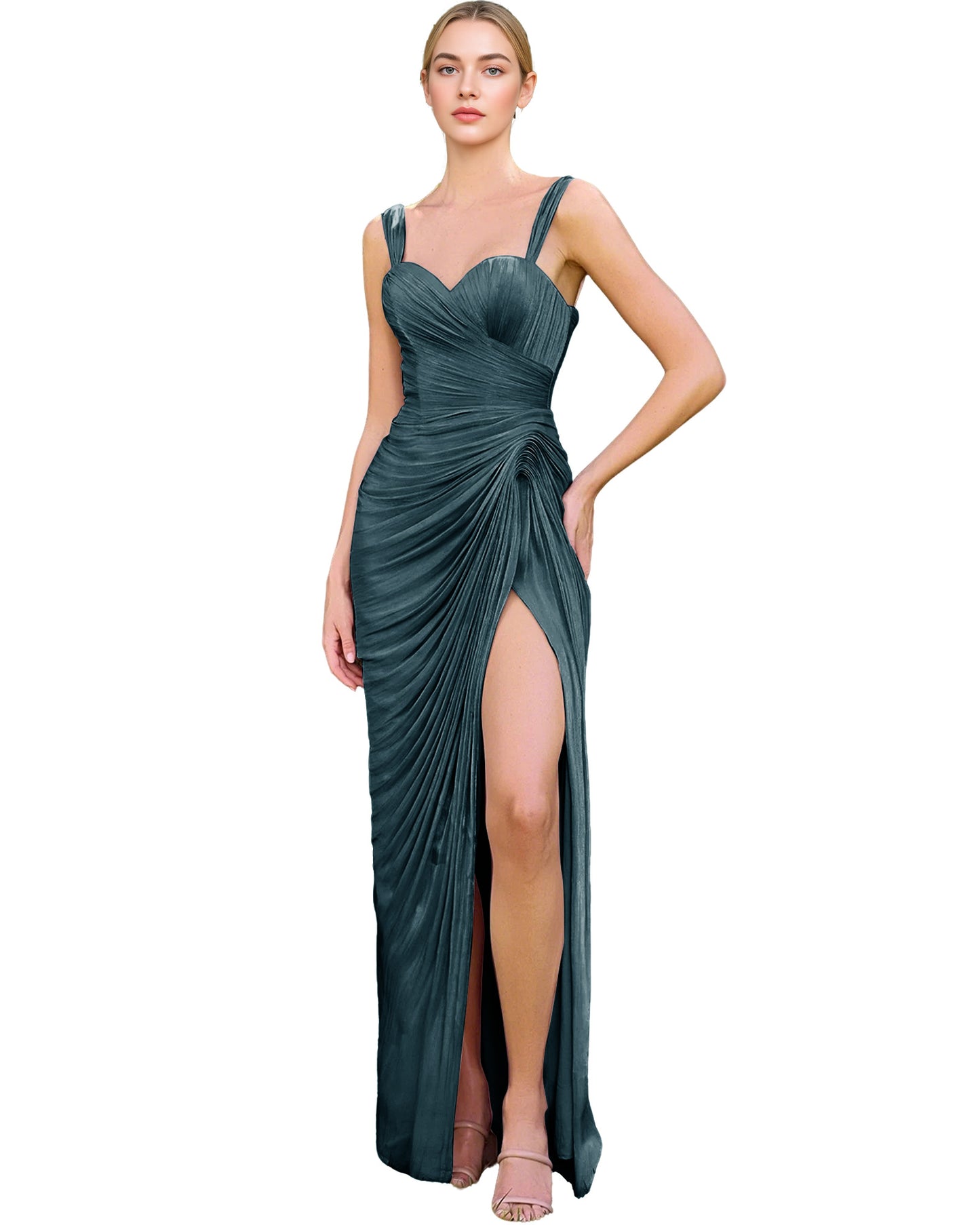 Spaghetti Strap Ruched Satin Sheath Prom Dress with Lace-Up Back and Slit