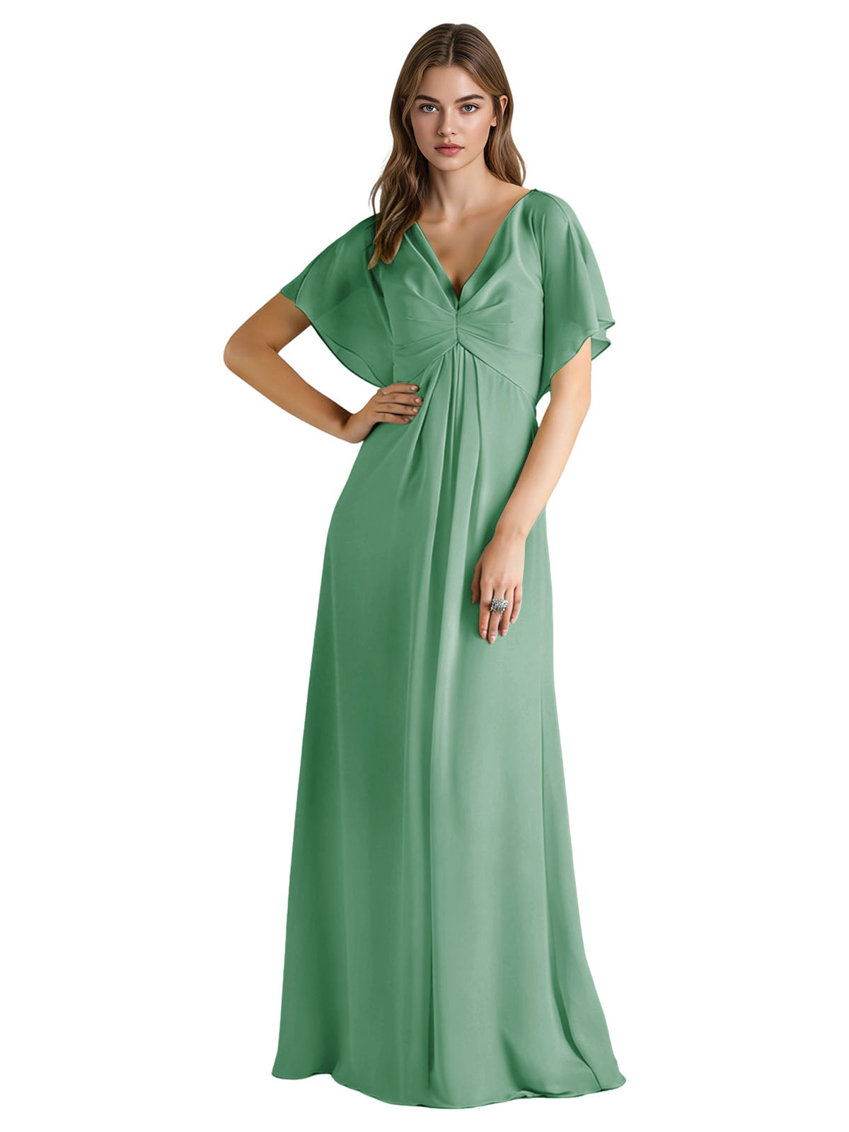 Short Sleeve V-Neck Chiffon Bridesmaid Dress with Gathered Waist