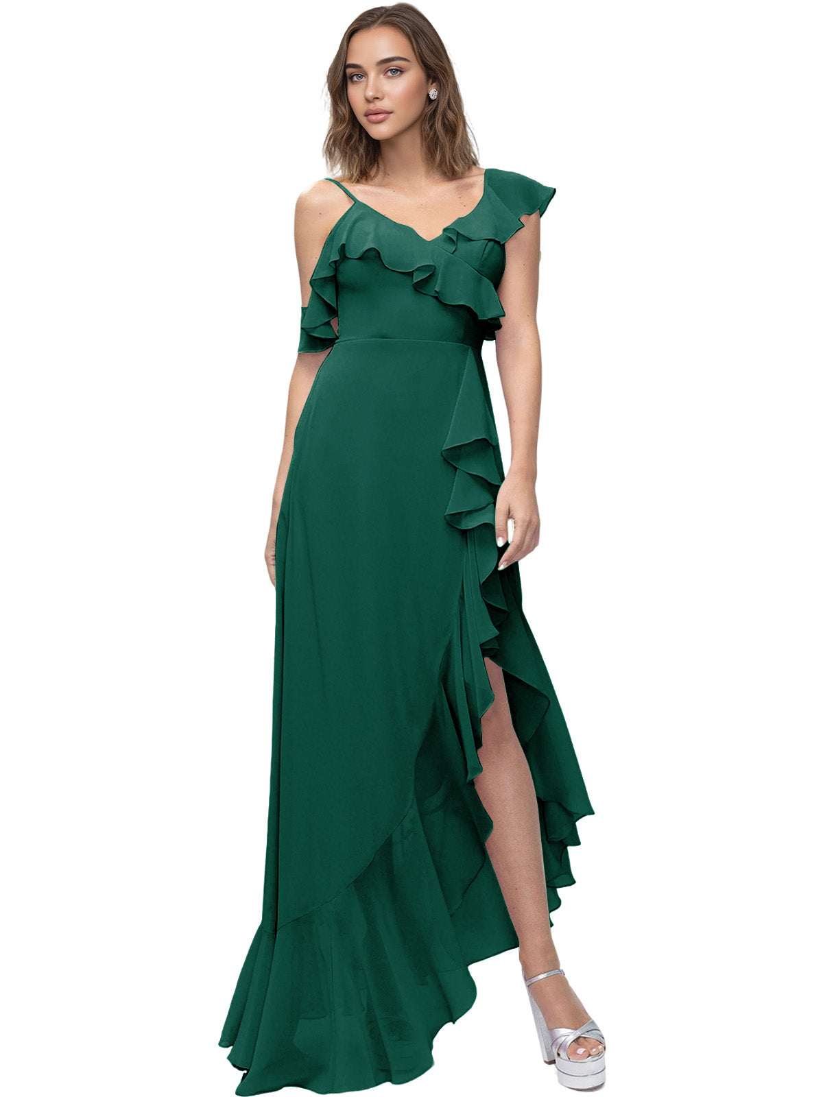 Asymmetrical Ruffle Chiffon Bridesmaid Dress with High Low Slit
