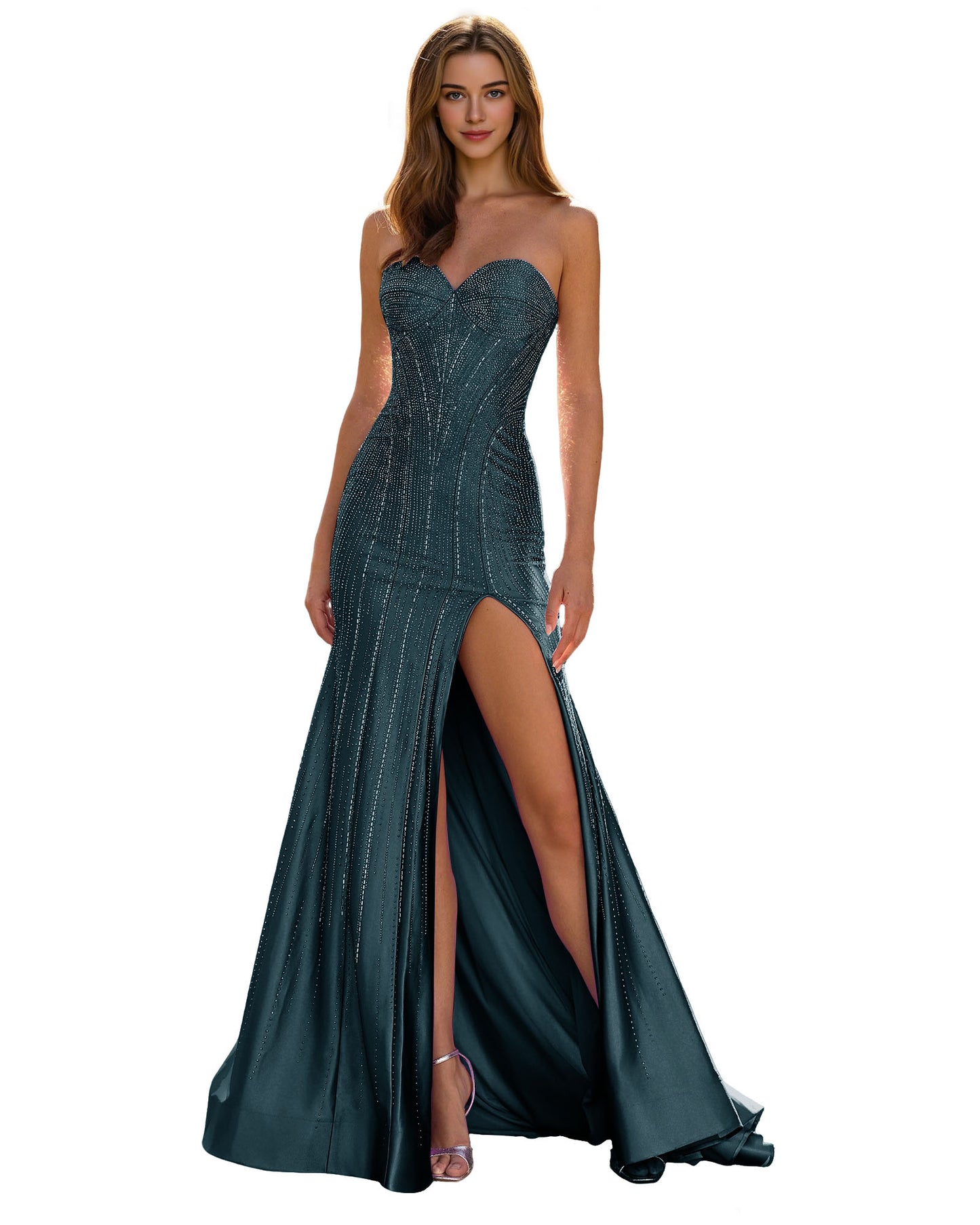 Strapless Sequin Column Prom Dress with Side Slit and Sweep Train