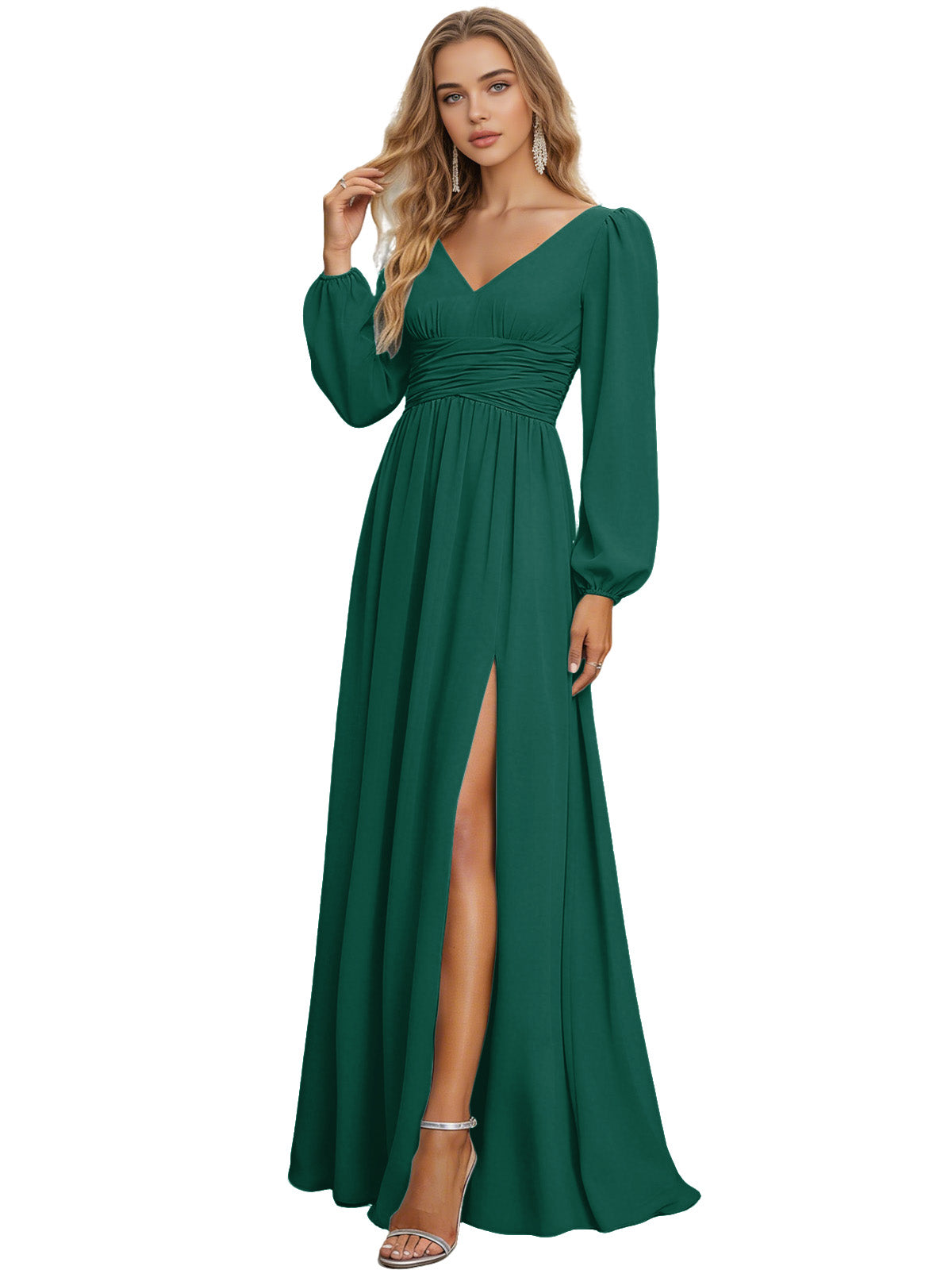Long Sleeve V-Neck Chiffon Bridesmaid Dress with Front Slit
