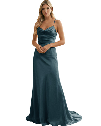 Spaghetti Straps Ruched Satin Floor Length Bridesmaid Dress
