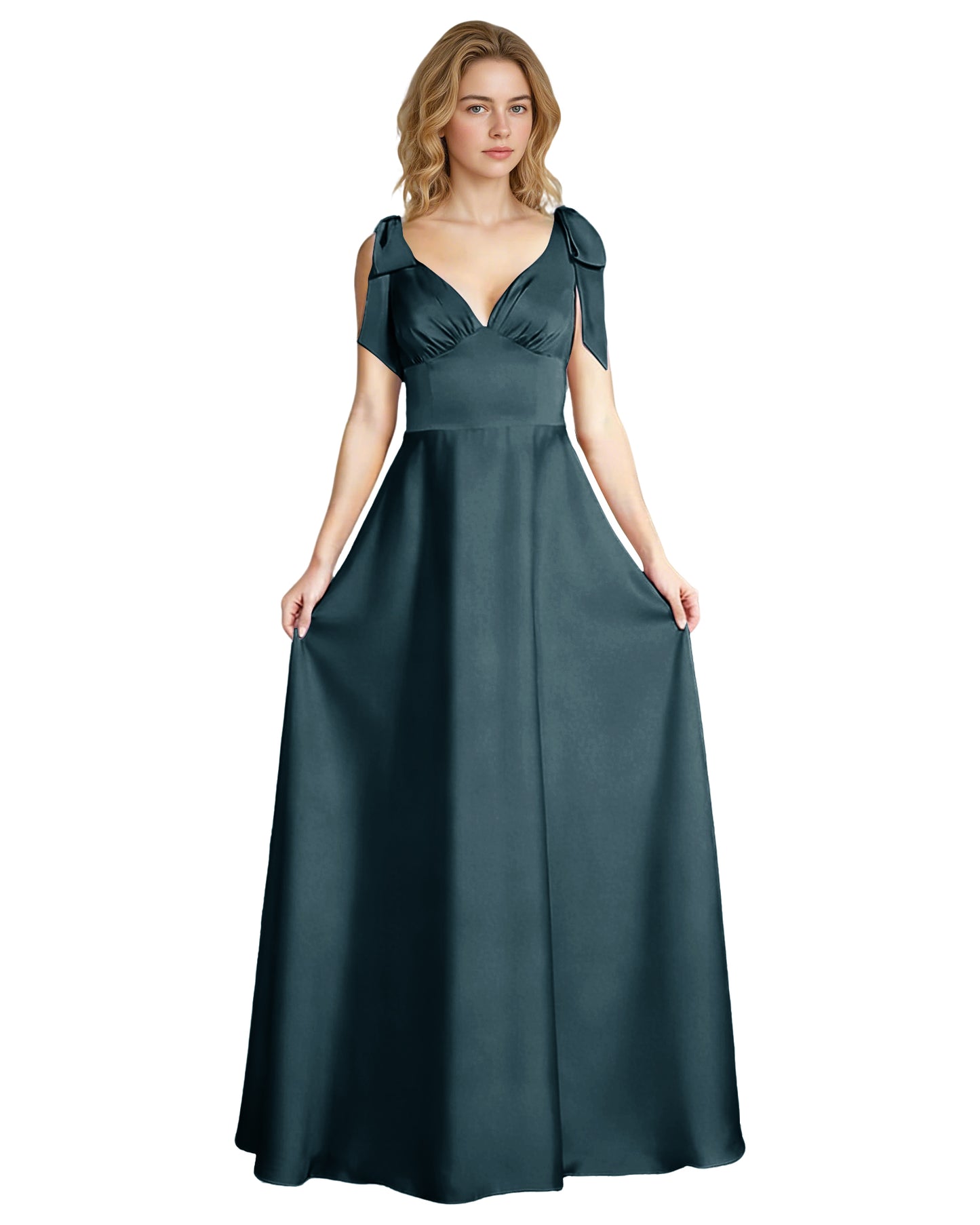 V-Neck Bow Strap Satin Bridesmaid Dress with Empire Waist